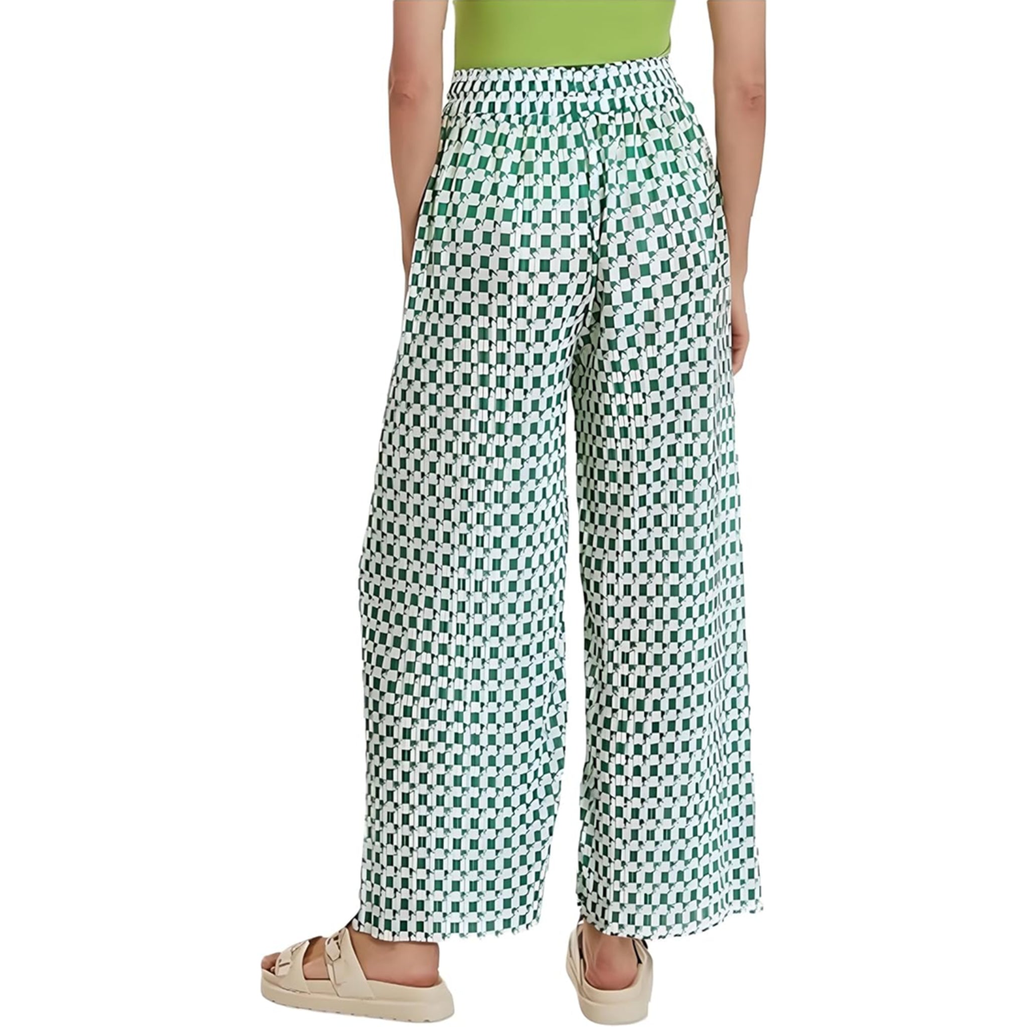 Ladies Green and White Check Design Palazzo Trousers – Wide Leg Lightweight Summer Pants